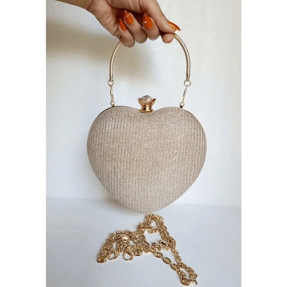 ❤️✨ Gold Sparkling Glitter Heart Shaped Top Handle Chain Clutch Purse Bag NEW